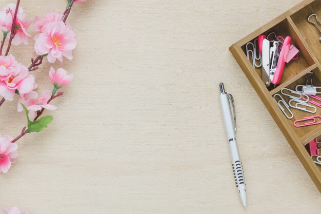 Office desk with flowers